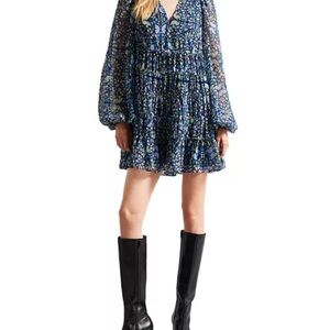 Ted Baker Blue and Black Patterned Long Sleeve Dress